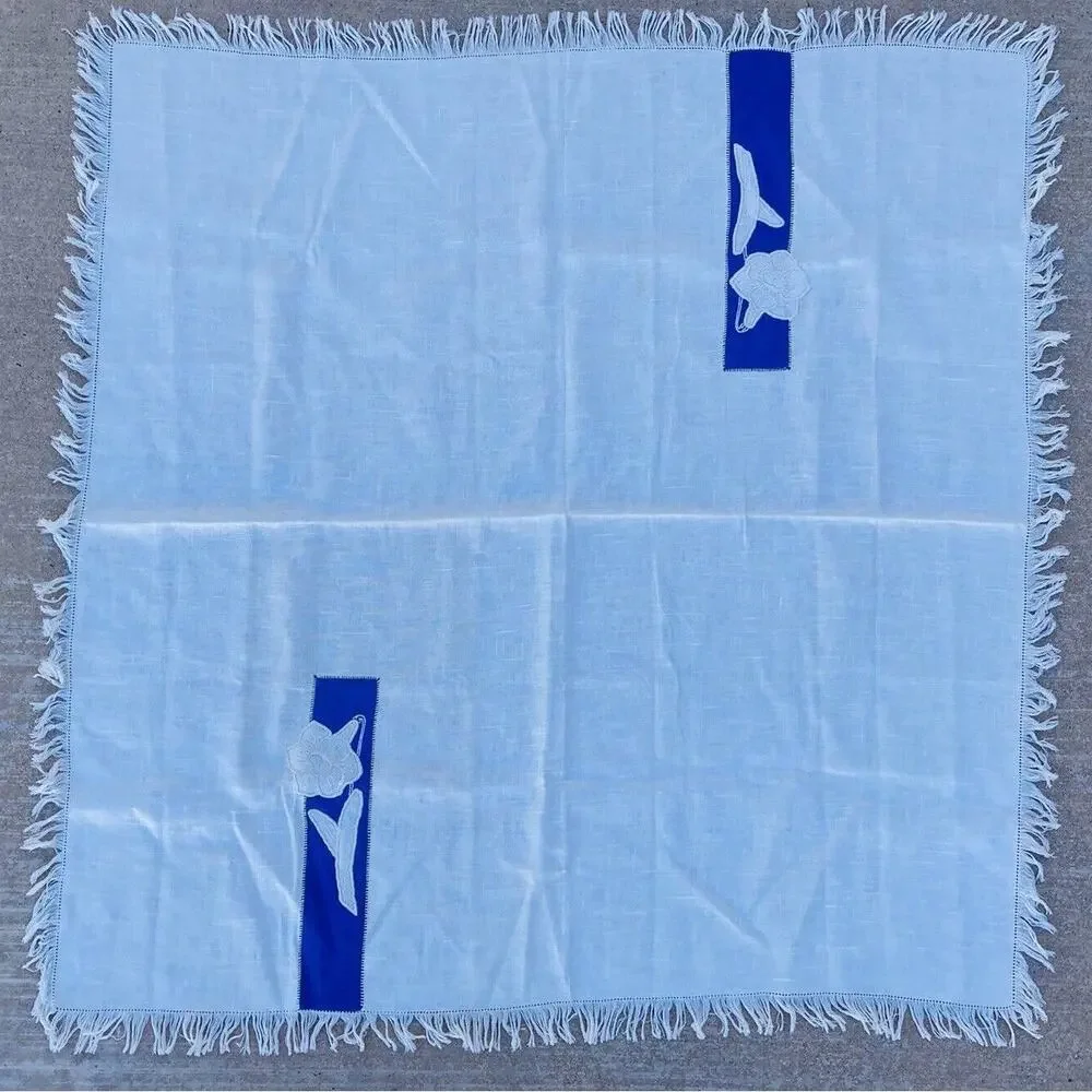 Antique Embroidered Table scarf Linen with fringe Square Blue Flowers Soft Card